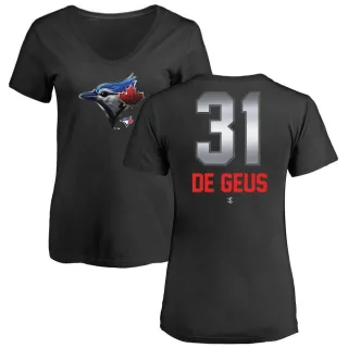 Women's Toronto Blue Jays Brett de Geus Black Midnight Mascot V-Neck T-Shirt