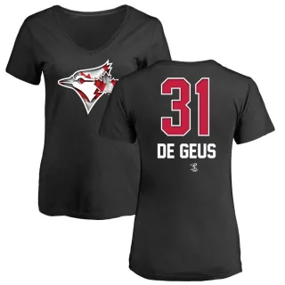 Women's Toronto Blue Jays Brett de Geus Black Name and Number Banner Wave V-Neck T-Shirt